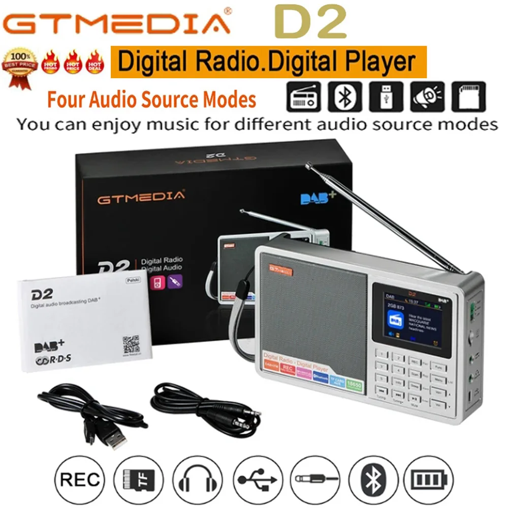 

Genuine]GTMEDIA D2 Portable DAB Digital Bluetooth Speaker AUX IN TF Card Slot MP3 Player Recording Clock Alarm Sleep Timer Radio