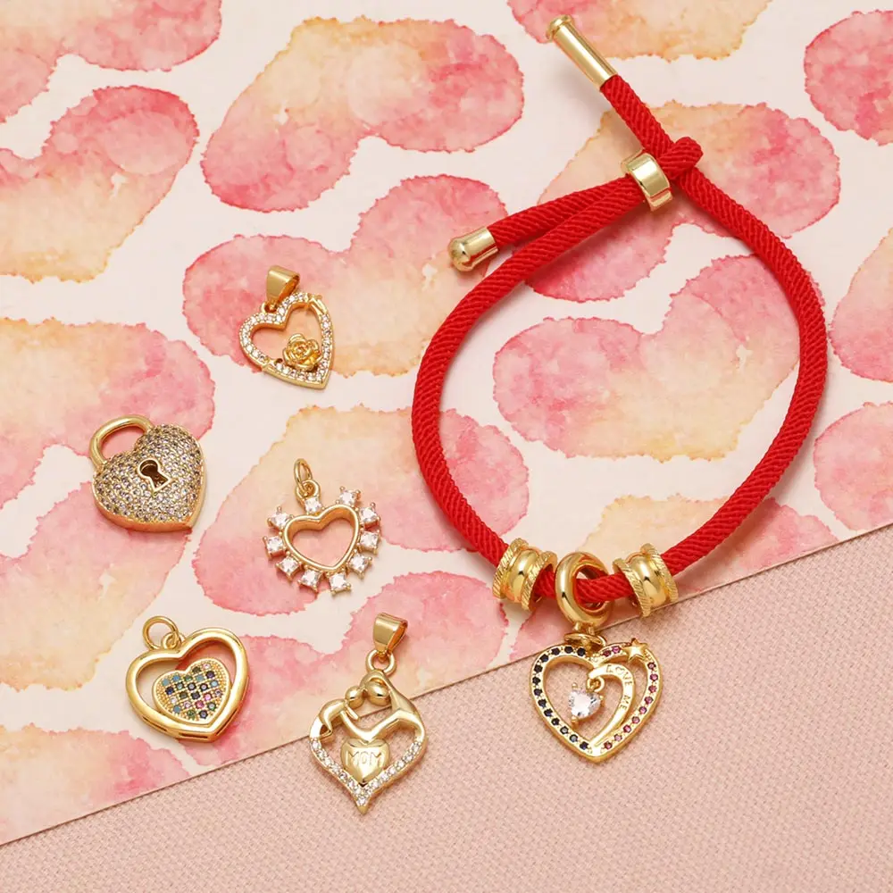 OCESRIO CZ Heart Lock Rose Mom Necklace Pendant Copper Gold Plated Romantic Love Locket Charm Jewelry Making Supplies pdtb103