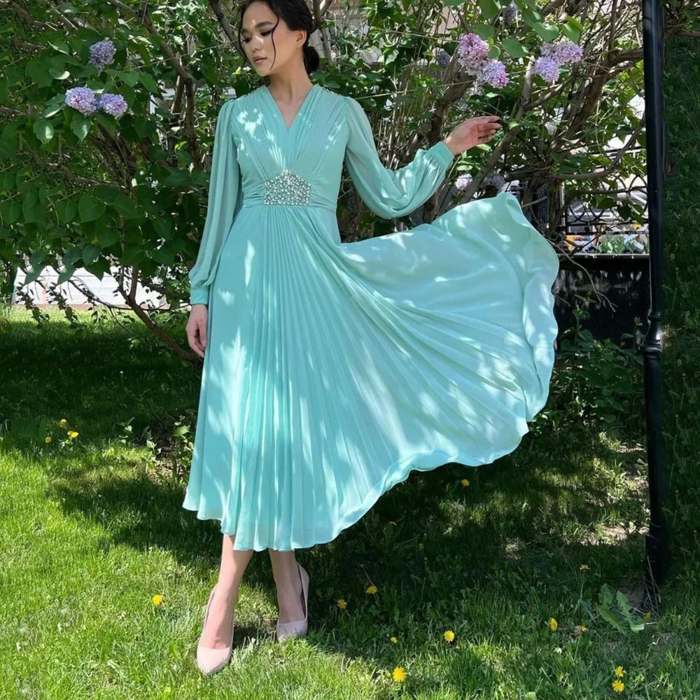 MOBEYE 2024 Saudi Arabia Ball Dress Mint Green V Neck Beaded Evening Gown Long Sleeve A Line Pleated Formal Occasion Dress