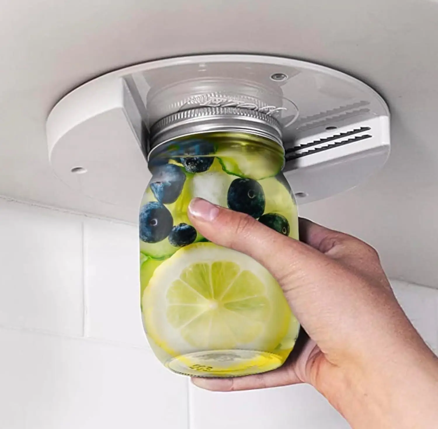 Bottle opener designed for seniors Under-cabinet mount Easy-grip design; suitable for those with arthritis; one-handed operation