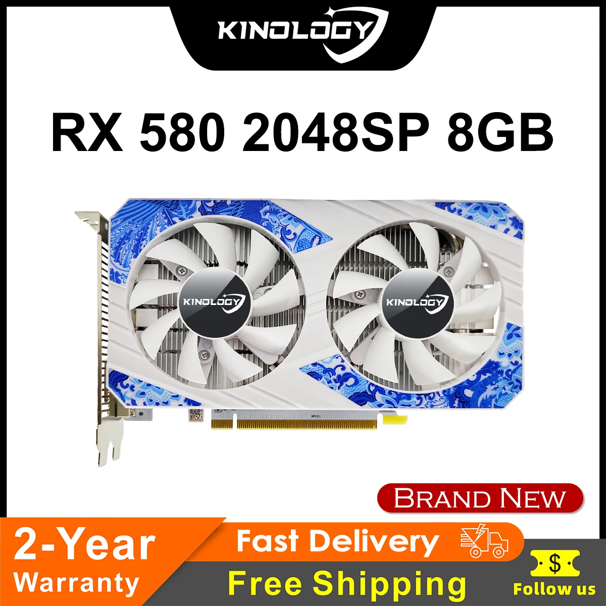 Kinology RX 580 8GB 2048SP Brand New Video Graphics Card for Gaming RTX 16GB Optional GPU Radeon RX580 8G