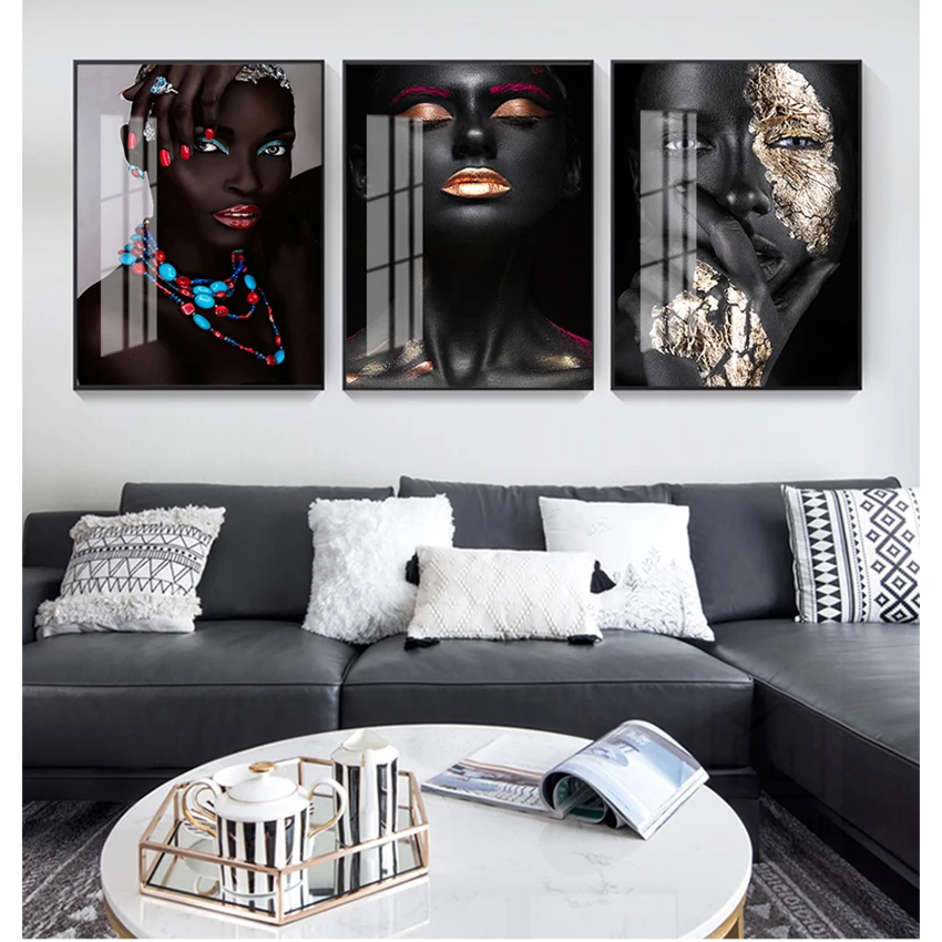 Scandinavian Wall Art Picture for Living Room Black and Gold African Woman Indian Oil Painting on Canvas Posters and Prints