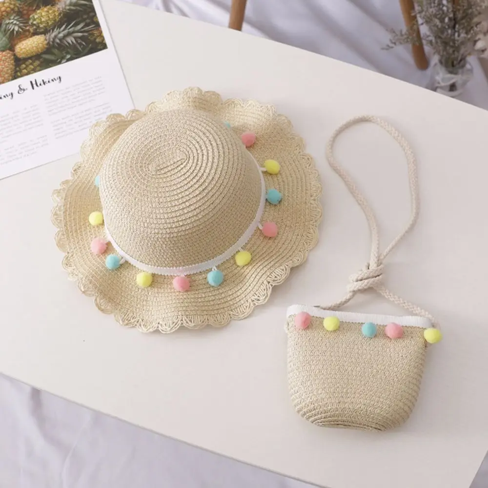 Portable Kids Pompom Ball Colorful Sun Protection Summer Hat Straw Woven Handbag Bucket Cap Beach Hat