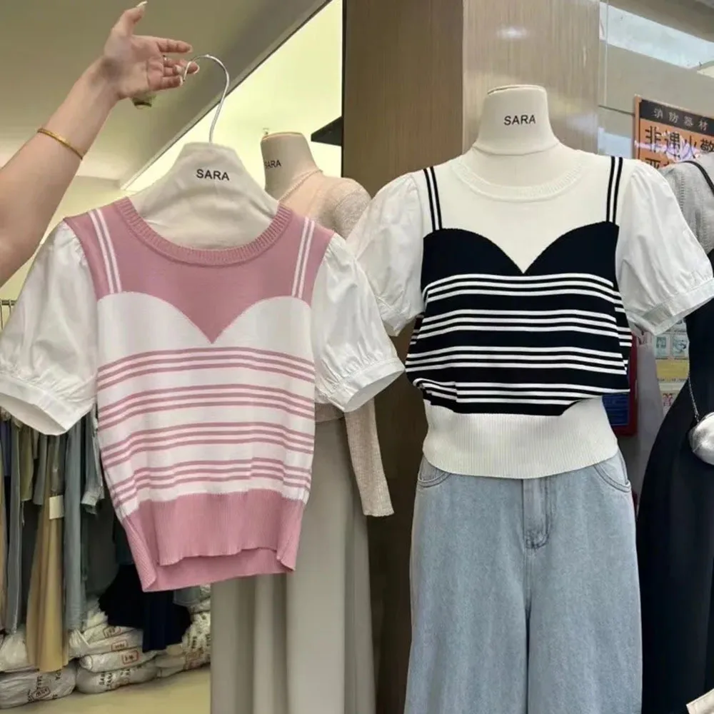 

Korean Fashion Chic Ladies Fake Two Pieces Stylish Knit Tshirt Tees Women Sweater Pullover 2025 Summer Short Sleeve O-neck Jumpe