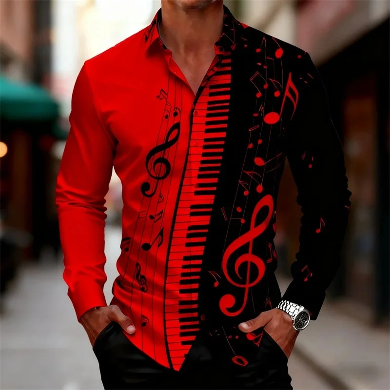 Men's black and white piano key music symbol print long-sleeved shirt with multiple colors available. Fashionable casual shirt