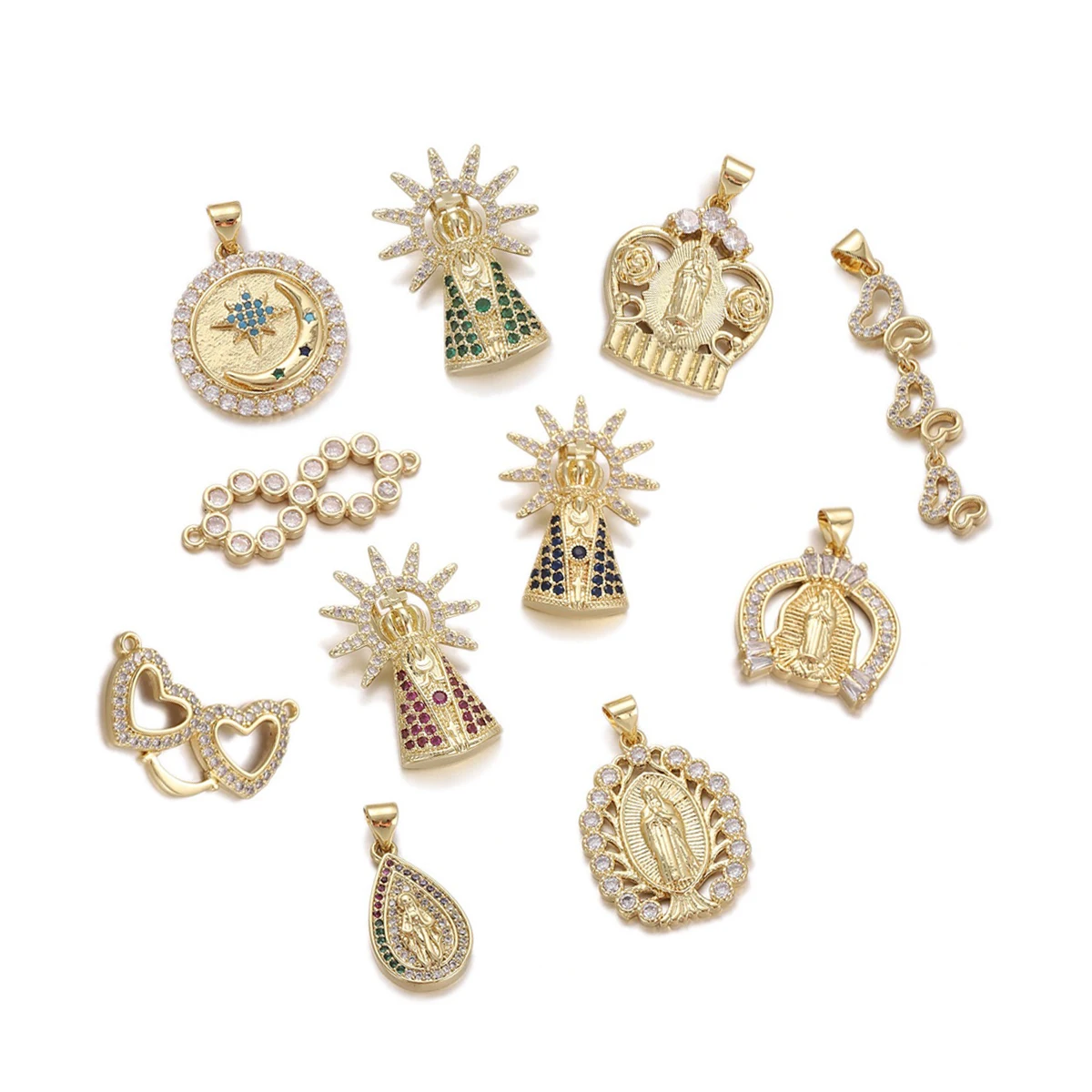 

2 Pcs Love Heart Virgin Mary Pendant for Diy Necklace Charm Making 8 Zigzag Round Teardrop Jewelry Brass Set Zircon Accessories