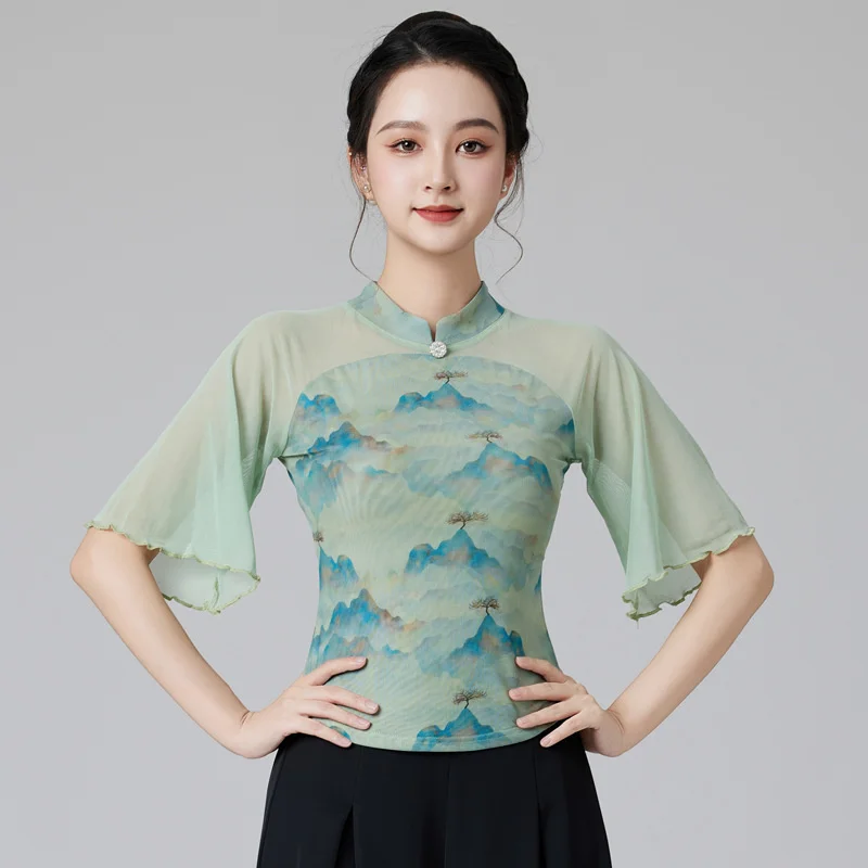 

Latin Dance Green Ink Painting Printed Dance Top Women's Fitness Gymnastics Sportswear Moisture Wicking Quick Dry Chiffon Tunic