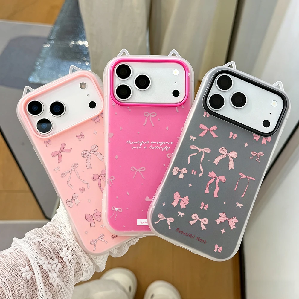 Luxuriöse 3D-Katzenohren-Handyhülle mit Knotenmuster für iPhone 17 18 Pro Max 16 15 14 13 12 Pro Max 11, stoßfest, matt, 2-in-1-Hülle, Pumper