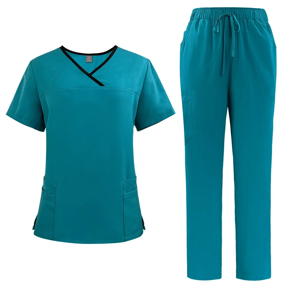 Customizable LOGO Nurse Surgical Uniform Woman Beauty Workwear Medical Scrub Set Stretch Clinical Scrubs Doctor Vet Nursing Suit