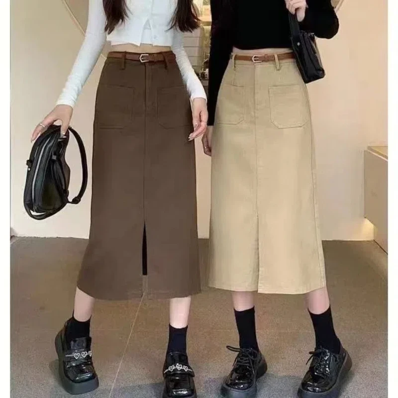 

Korean Fashion Summer Women's Denim Skirts Solid Pockets Zipper Split Young Style Casual Slim Mid-length Bag Hip Straight Skirt