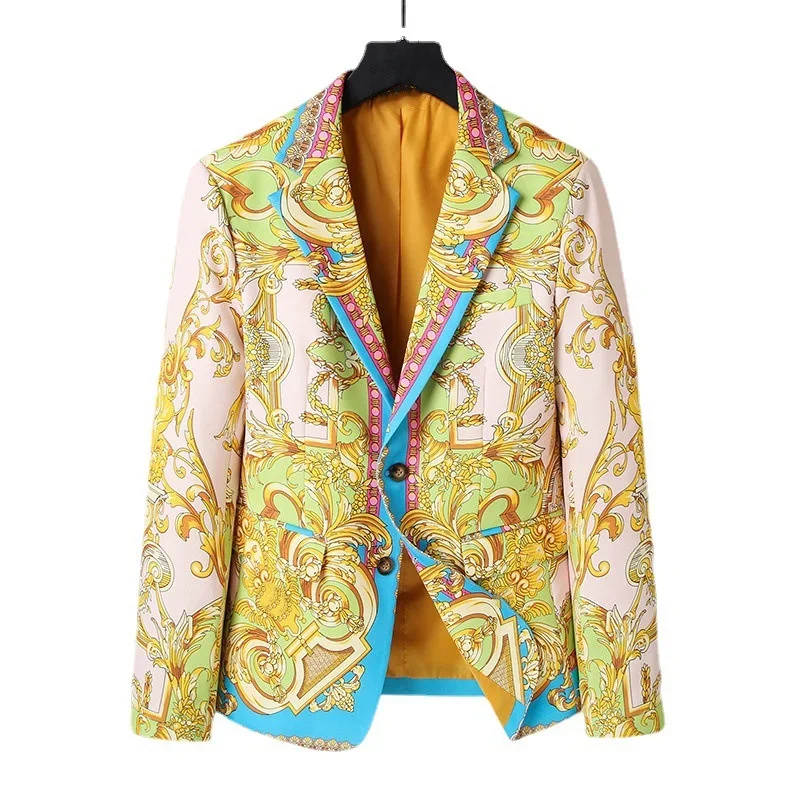 

2024 New Luxury Brand Gold Baroque Print Blazer Slim Fit Men Blazer Stage Cloth Social Party Wedding Dress Male Gold Suit Jacket