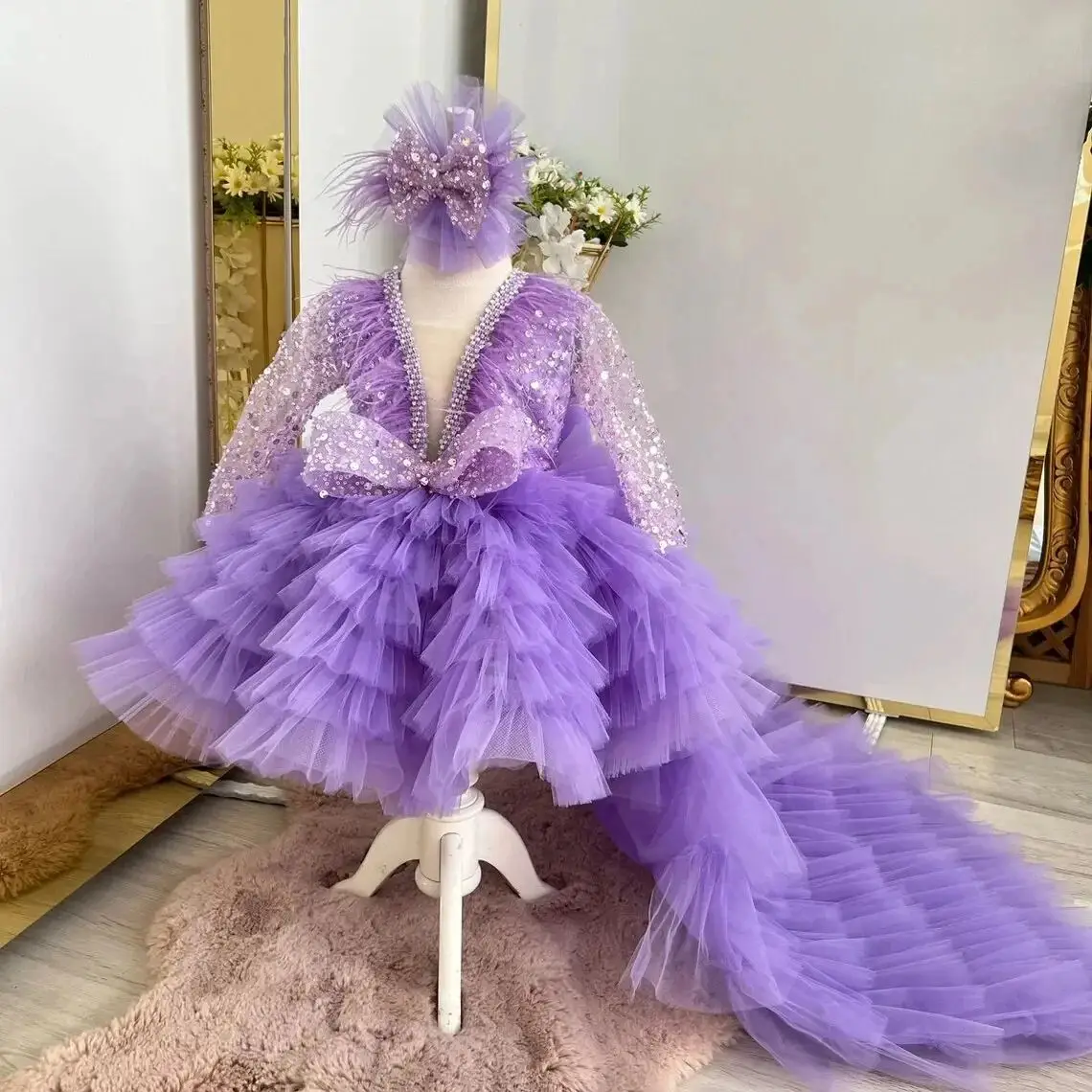

Фиолетовые платья с цветочным узором для девочек по индивидуальному заказу на свадьбу, многослойное блестящее платье с блестками для маленьких девочек на день рождения, праздничное подарочное платье