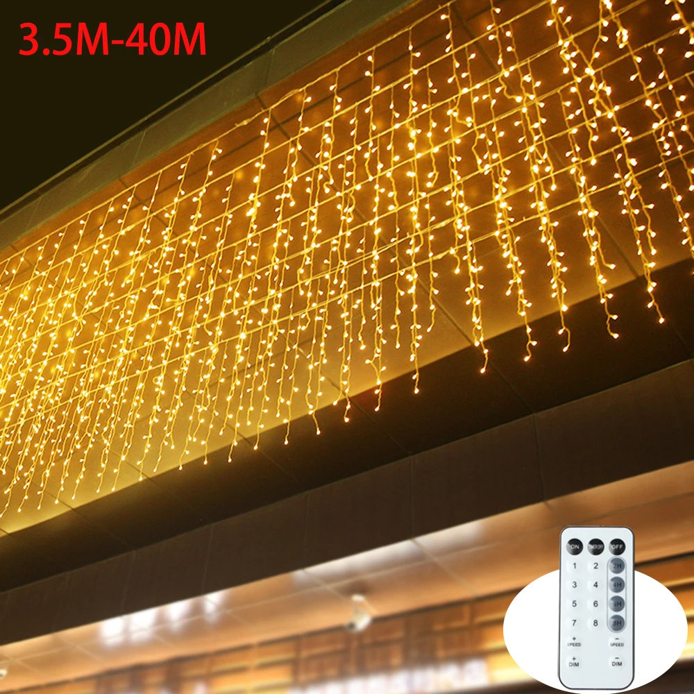 40M LED Icicle String Fairy Lights Christmas Curtain Garland Lights Remote Outdoor For New Year Wedding Street Holiday Decor