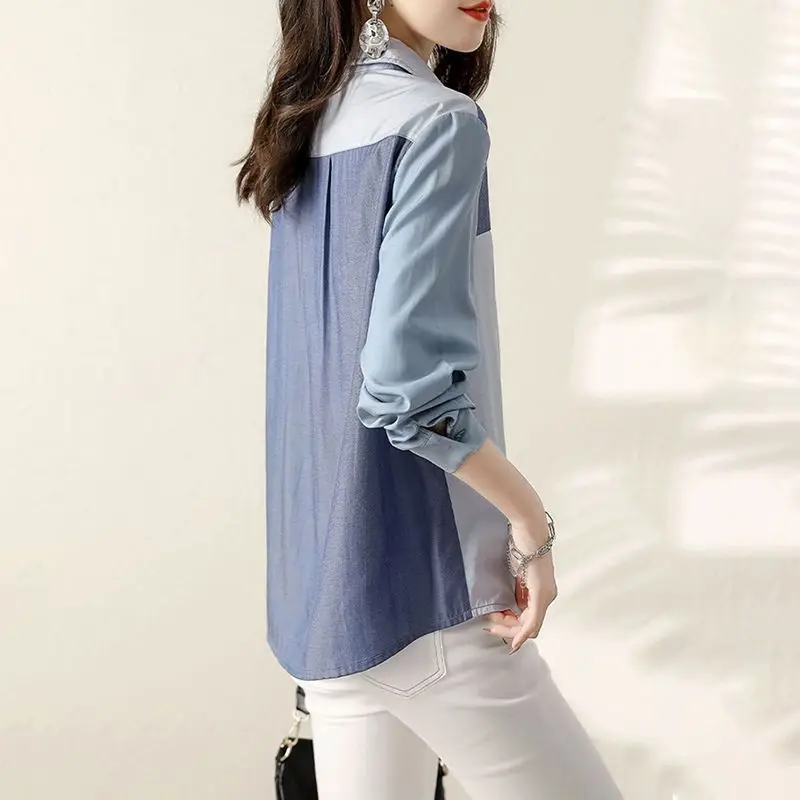 Retro Patchwork Long Sleeves Blue Shirt for Women\'s Spring Autumn Korean Version Loose Slimming Casual Commuting Versatile Top