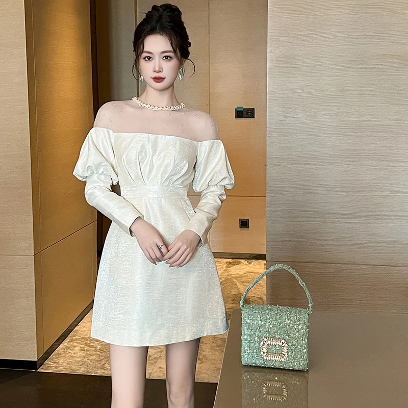 2024 Autumn/Winter New Women's Fashion Style One Shoulder Bubble Sleeve Waist A-line Dress