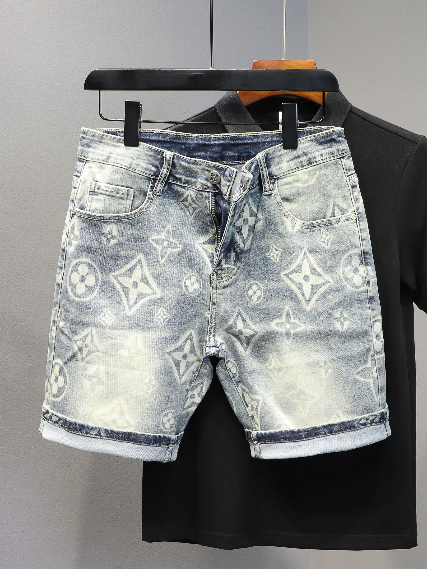 Summer men's printed denim shorts fashion brand slim fit small foot elastic high-end five quarter pants