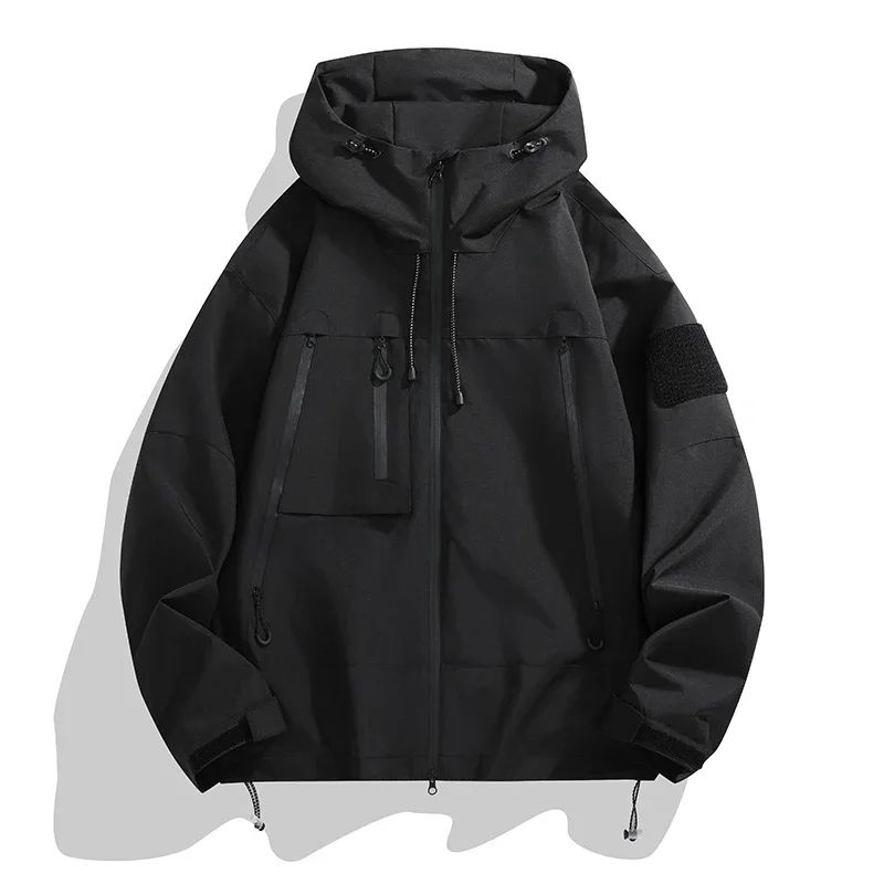 Men's WindJacket 2024 Spring New Trendy Solid Color Windproof Waterproof  Outdoor Camping Hooded Jacket Men Functional Rush Coat
