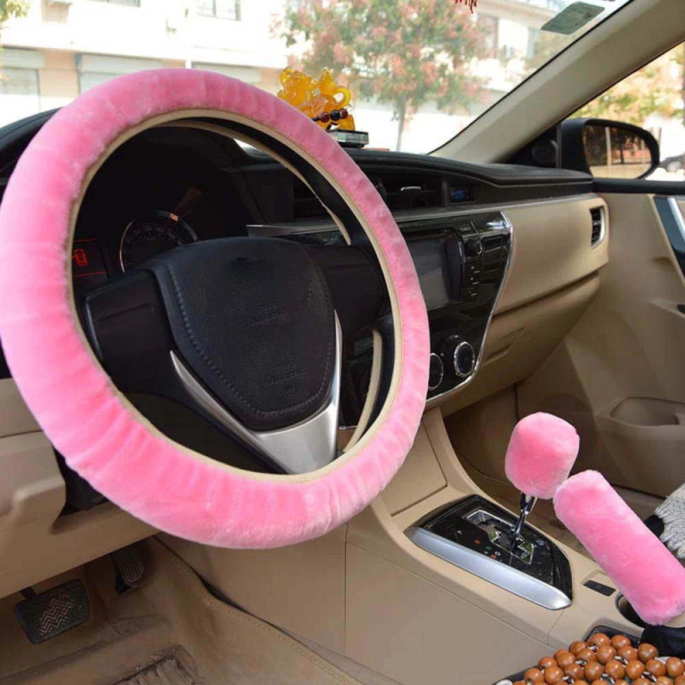 3 PCS Car Fluffy Steering Wheel Cover Wool Handbrake Cover Thermal Gear Shift Cover Car Interior Decor Soft Furry Winter Warm