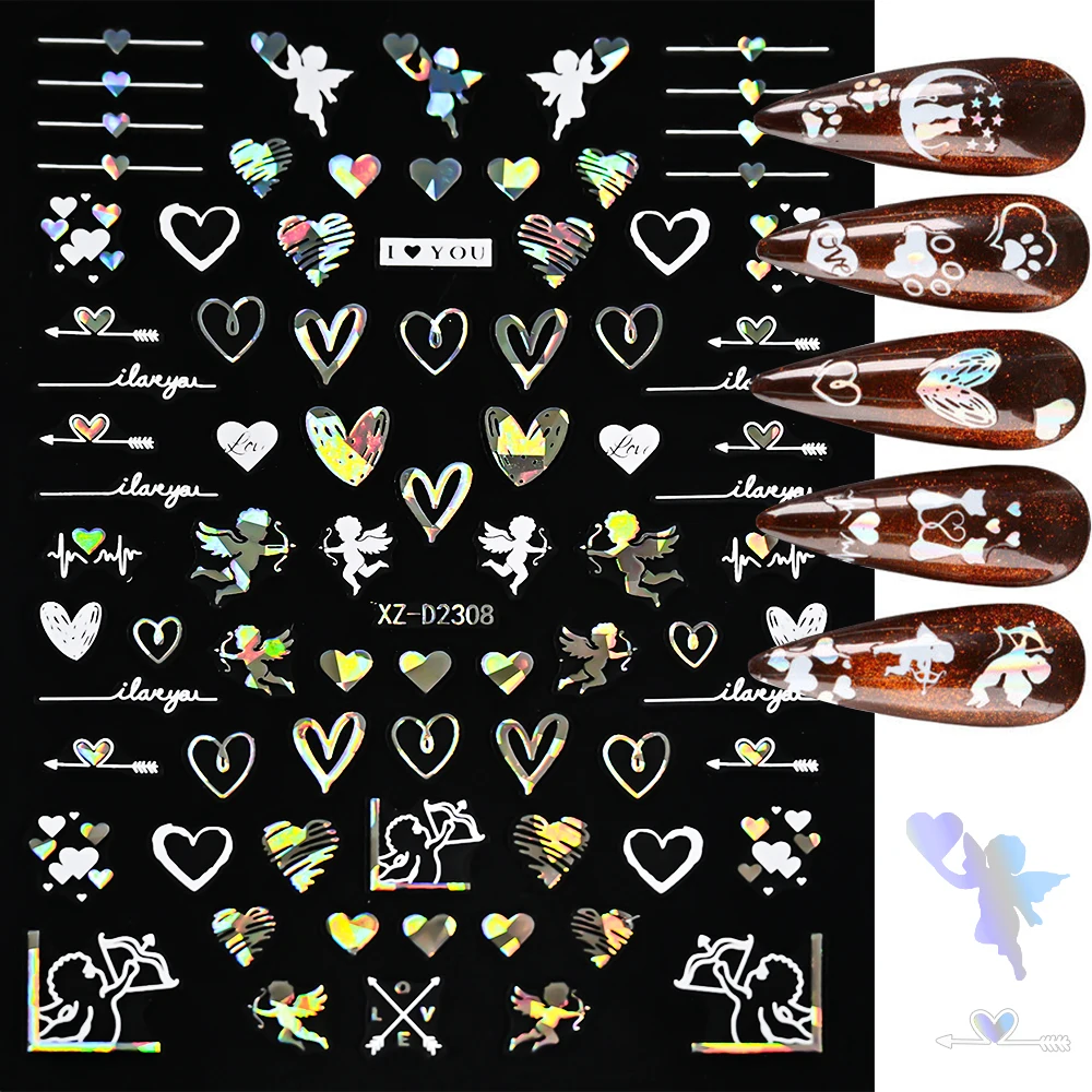 12pcs 3D Holographic Laser Heart Nail Stickers Gold Silver Rose Love Letter Nail Decals Valentine's Day Nail Decoration Stickers