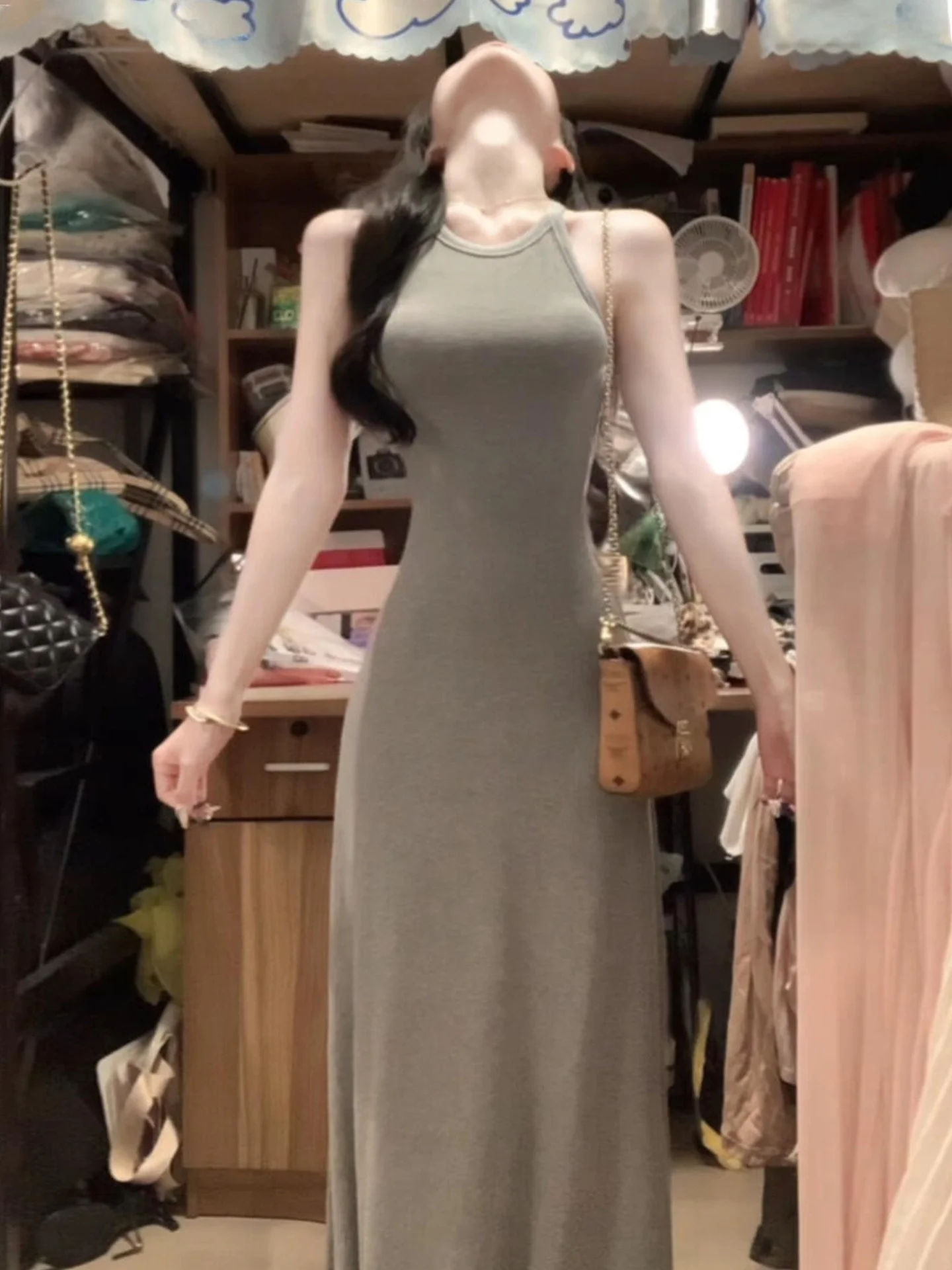 ay Strapl Bodycon Dr Dames Zomer 2025, Nieuwe Sle Lange Rok Hoge Taille Pure Kleur Japanse Zoete Sle Geen Sve