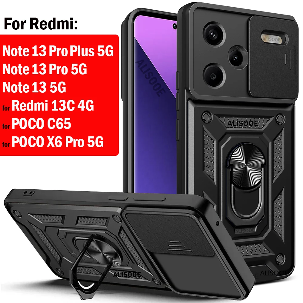 Voor Redmi 12 12c 13c Poco C65 F5 Case Schuif Camera Lens Bescherm Stand Cover Voor Xiaomi 13T 13 Redmi Note 12S 12 Pro Plus Capa