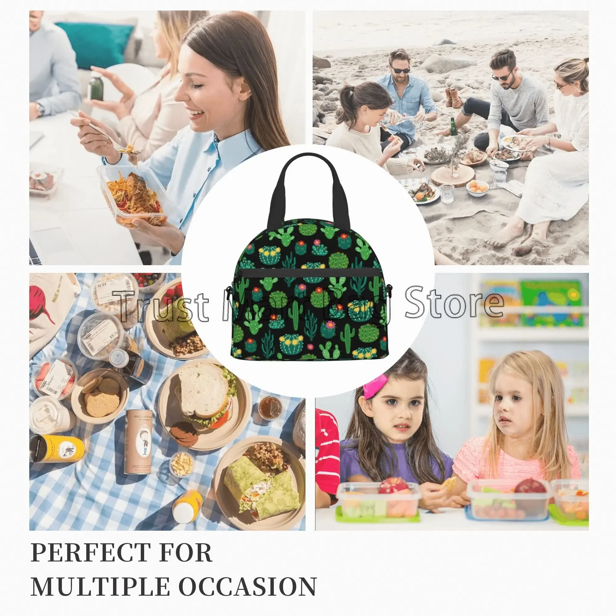 Fresh Blooming Cactus Green Floral Thermal Lunch Bag with Adjustable Strap Insulated Cooler Tote for Work Picnic Travel Beach