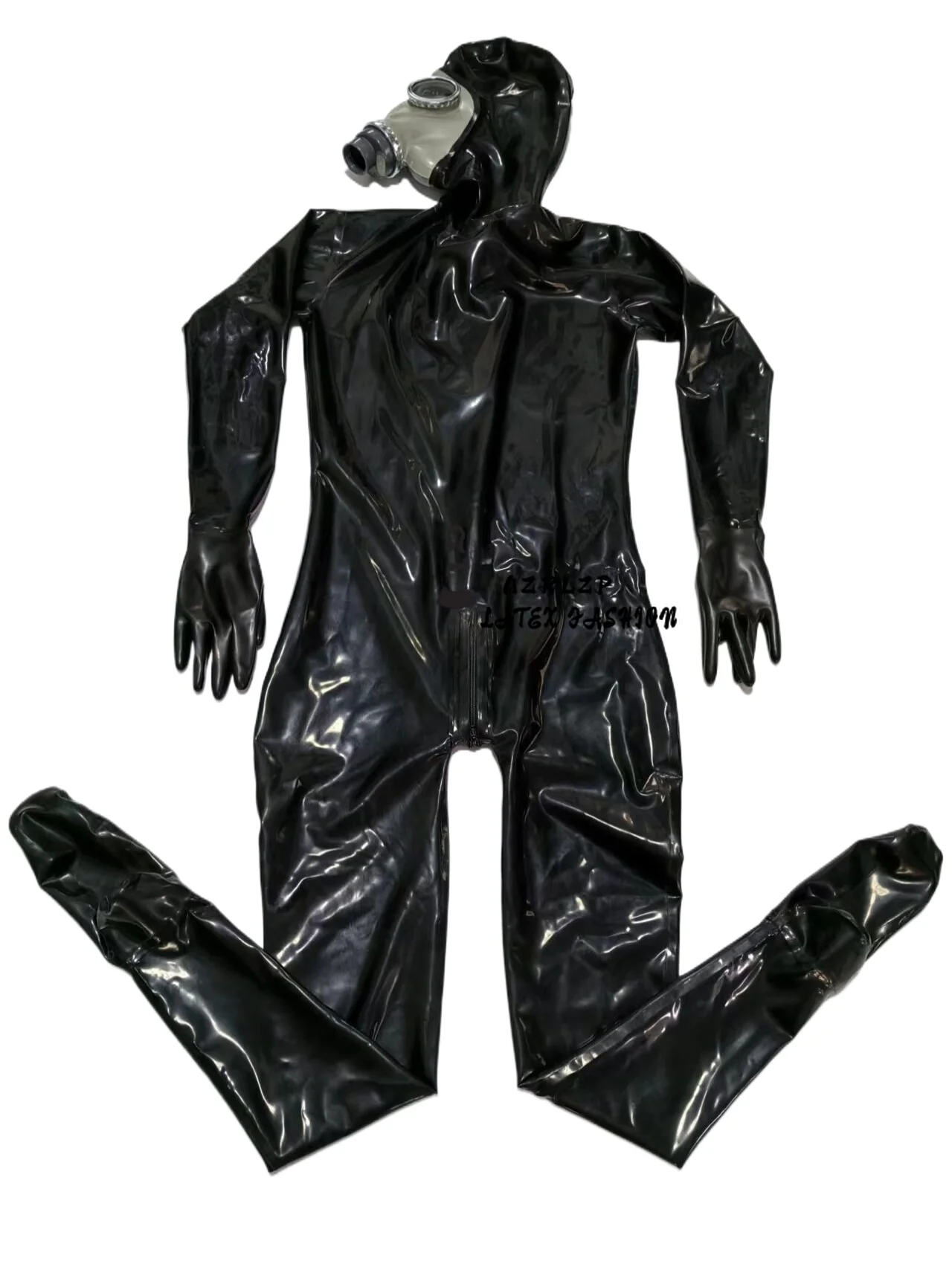 

Black Full Cover Latex Catsuit Fetish Bodysuits Attach Gas Mask with Zipper