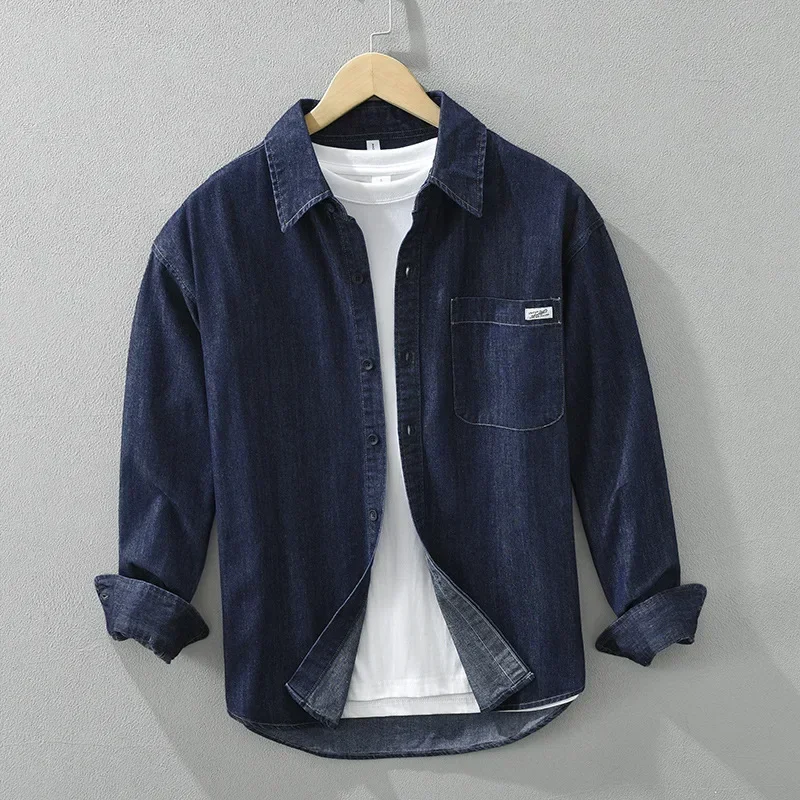 

Мужская джинсовая рубашка в японском стиле с длинным рукавом, синяя, весна-осень, повседневная, с отложным воротником и карманами, простая ковбойская рубашка