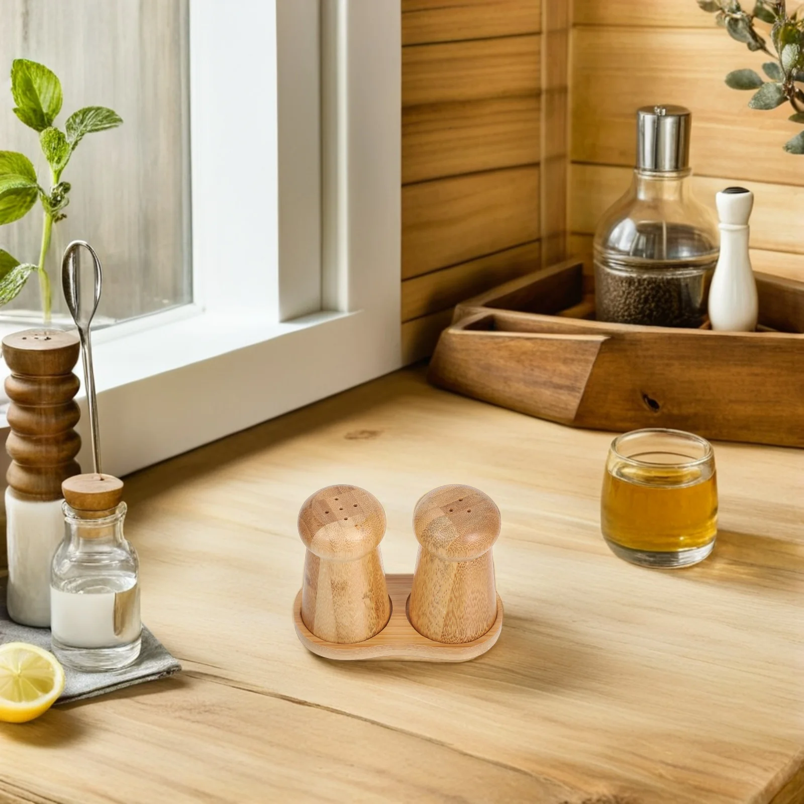 

1Set Bamboo Multi Compartment Mushroom Salt Pepper Shakers Kitchen Seasoning Dispenser Spice Organizer Bamboo Jars