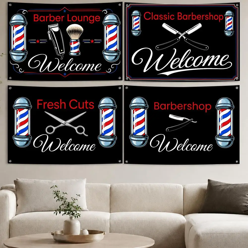 Barber Shop Welcome Mat Barber Shop Sign Flags Aesthetic Wall Tapestry Printed Wall Hanging Living Room Party Outdoor Decor