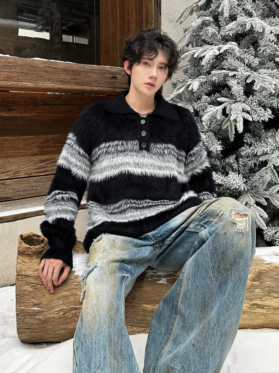 

Мужские пуловеры оверсайз с меховым воротником, легкие, с утолщенной внутренней подкладкой, в рубчик, с регулируемыми эластичными деталями, с абстрактным принтом, модные, в стиле OL