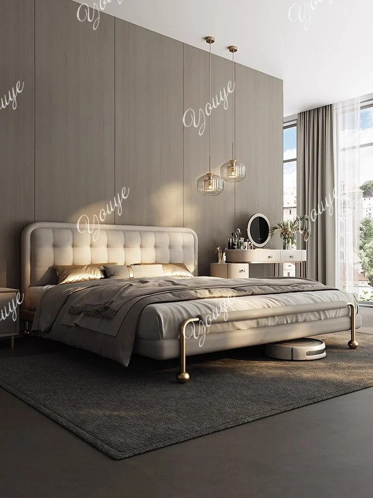 

Y Light Luxury American Leather Bed Master Bedroom Modern Simple Atmosphere Luxury Thin Bedside High Foot New