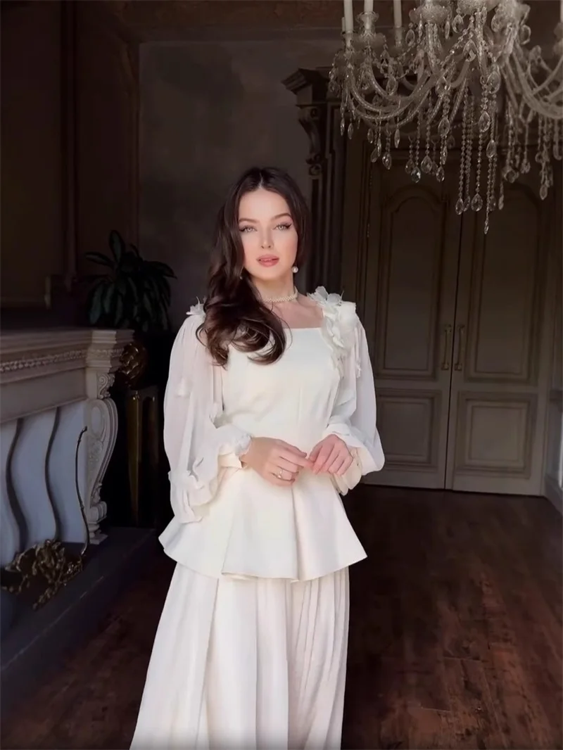 Arabia Prom Dress 2 Pcs Women Suit Skirt Set Blazer+Long Robes Full Sleeve 3D Flower Formal Pageant Party Wedding Evening Gown