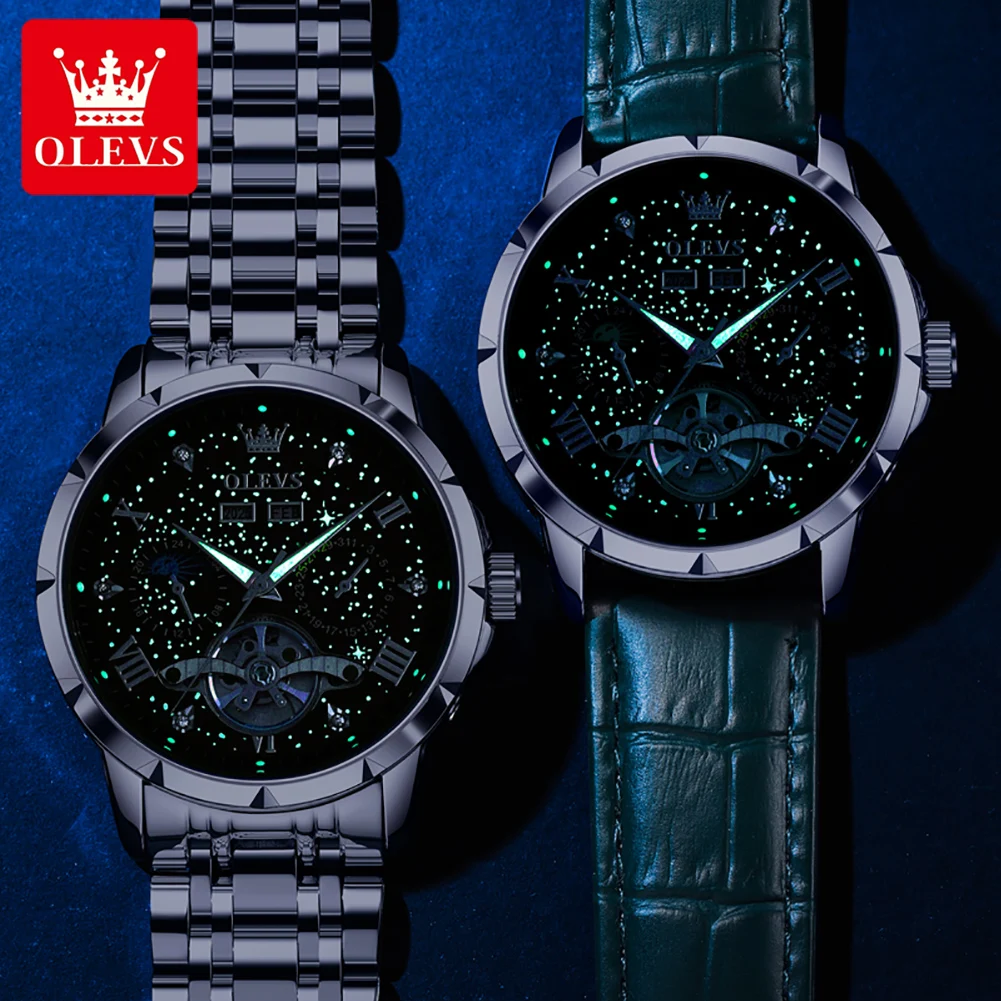 OLEVS Original Top Brand Automaitc Watches for Men Waterproof Luminous Stainless Steel Skeleton Flywheel Mechanical Wristwatch