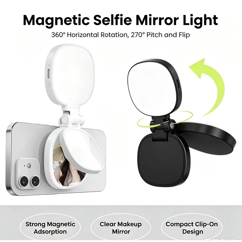 Magnetic Phone Selfie Fill Light With Makeup Mirror Rechargeable Portable LED Ring Light For Phone Photography Video Vlog