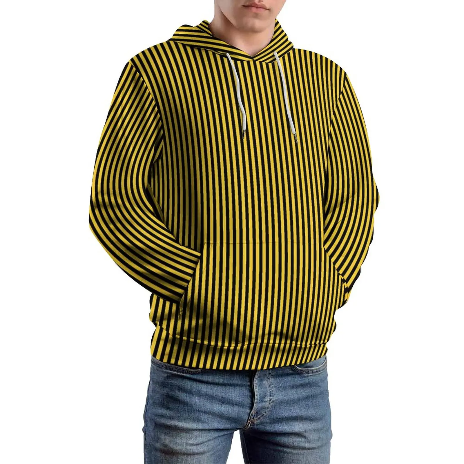 Nautical Stripe Loose Hoodies Yellow and Black Pretty Hoodie Men Long-Sleeve Oversized Street Wear Pattern Sweatshirts