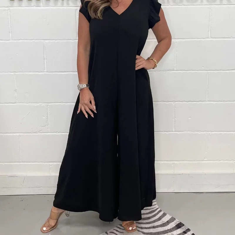 2023 Summer New Elegant Versatile Women's 3/4 Sleeve V-Neck Loose Waist Wide Leg Casual Simplicity Commuter Fashion Jumpsuits