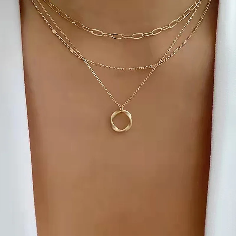 Women Multi Layered Twist Ring Pendant Necklace Gold Silver Tone Paperclip Chain Stackable Dainty Layering Fashion Jewelry