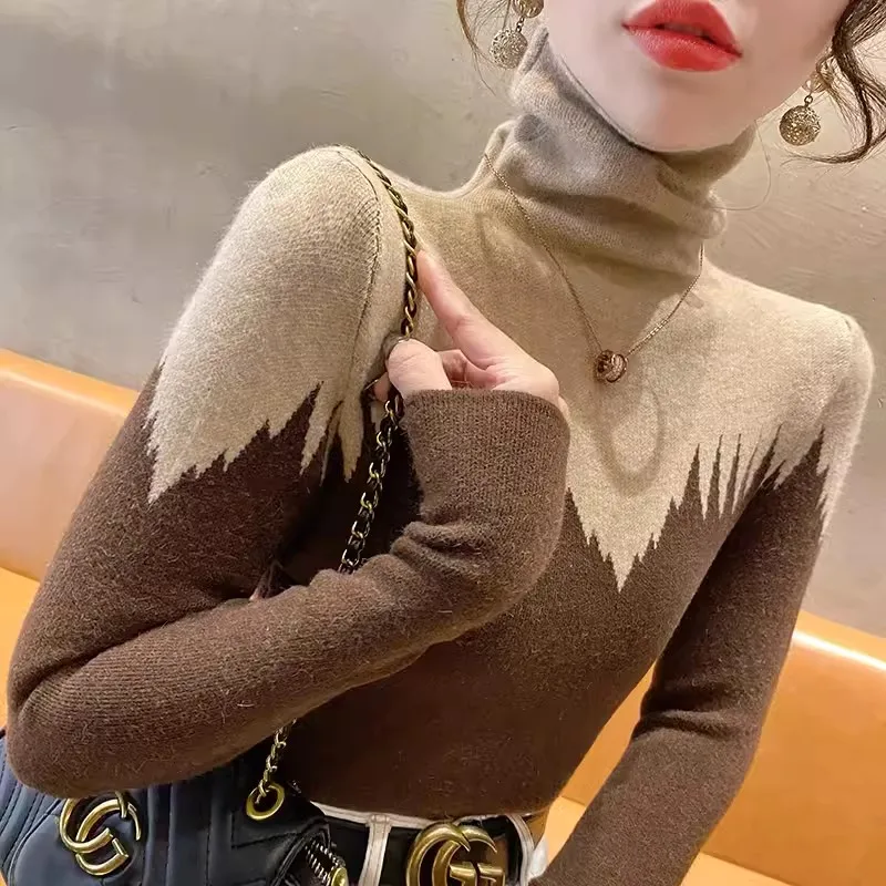 2024 Spring Contrast Style Vintage Fashion Sweaters Women Y2k Slim Turtleneck Casual Knitted Top Chic Spliced Pullovers