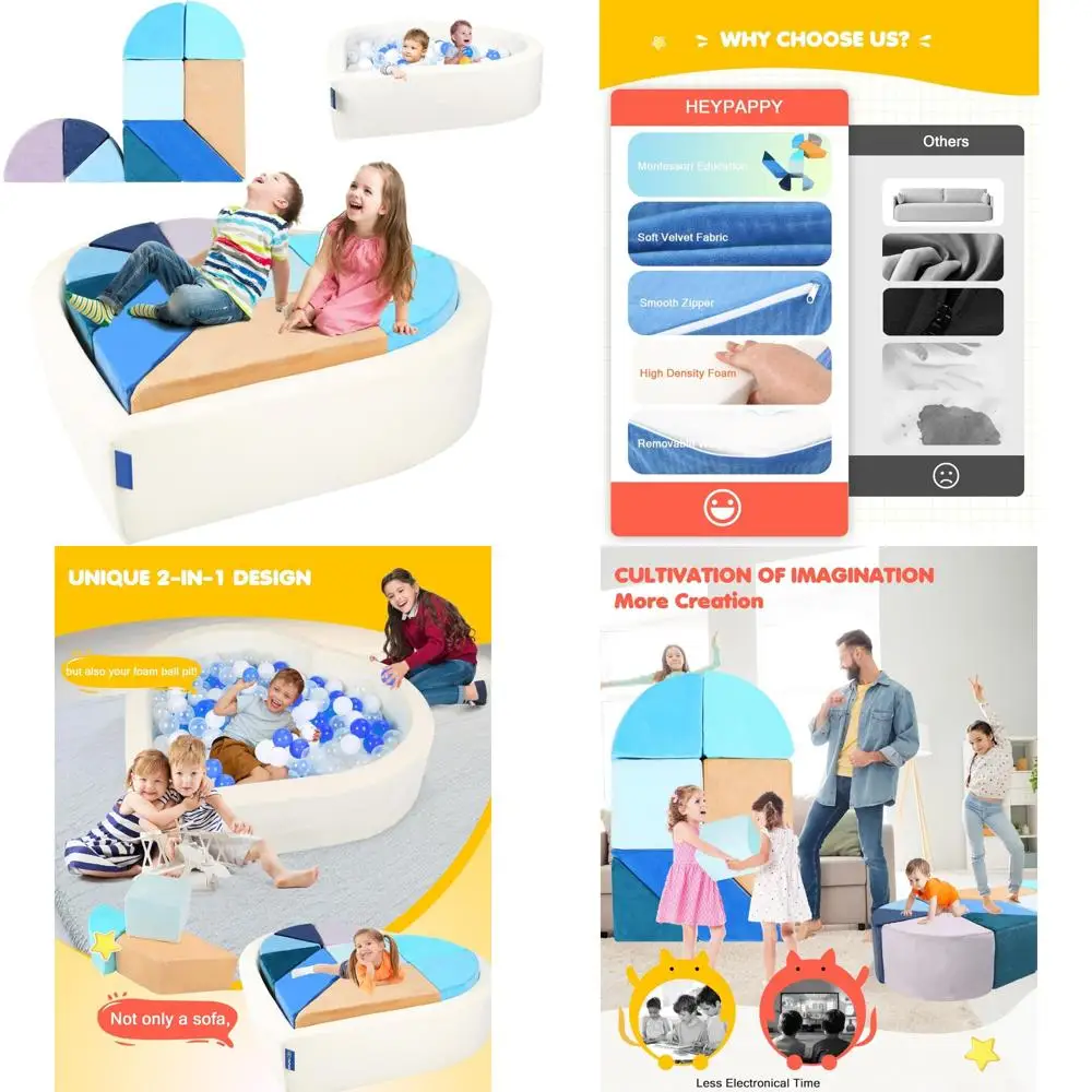 أريكة لعب الأطفال على شكل قلب قابلة للتحويل مع لغز تانجرام متكامل وميزة حفرة الكرة (الكرة غير متضمنة)