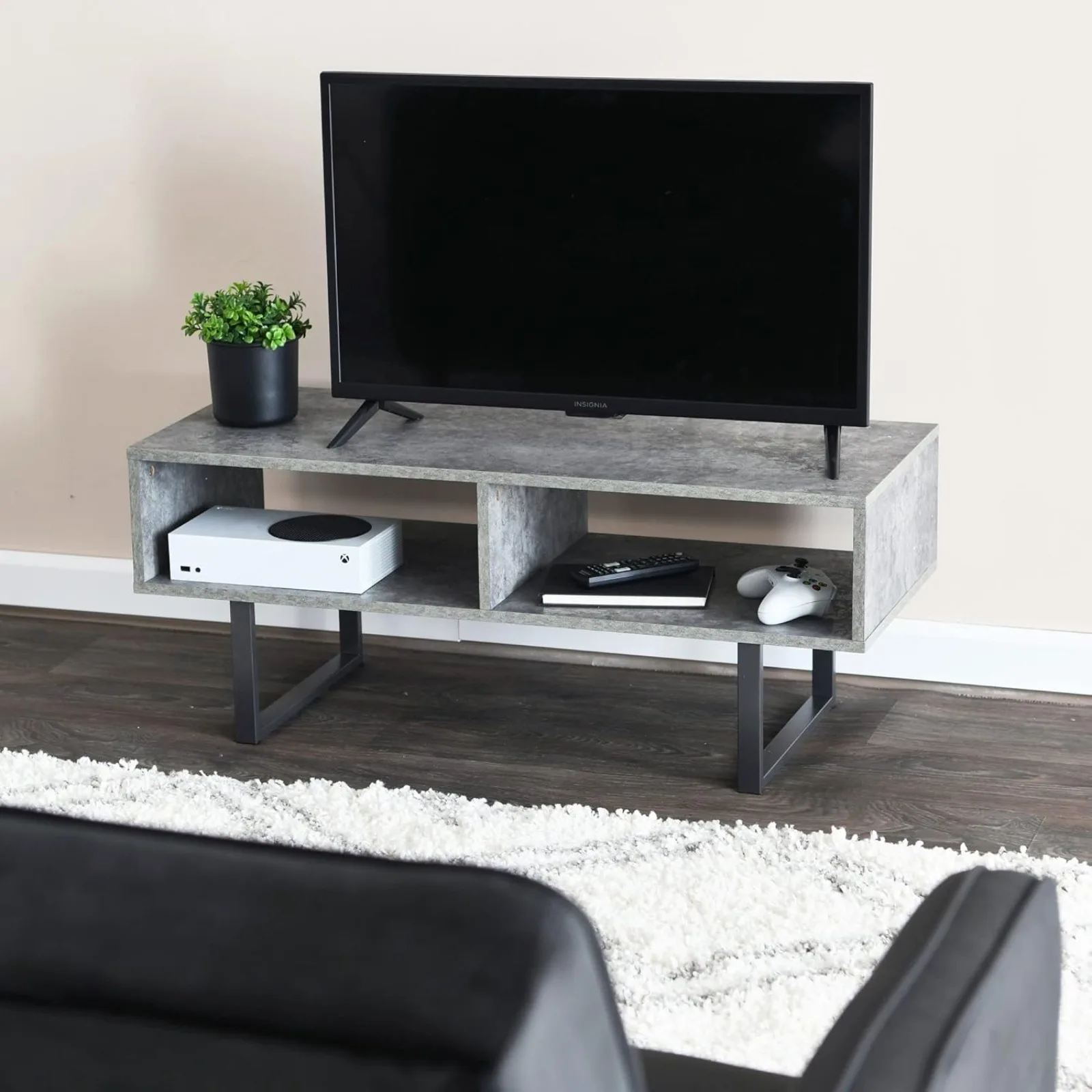 US Jamestown TV Stand Coffee Table with Rectangular Storage Compartments Rustic Slate Concrete and