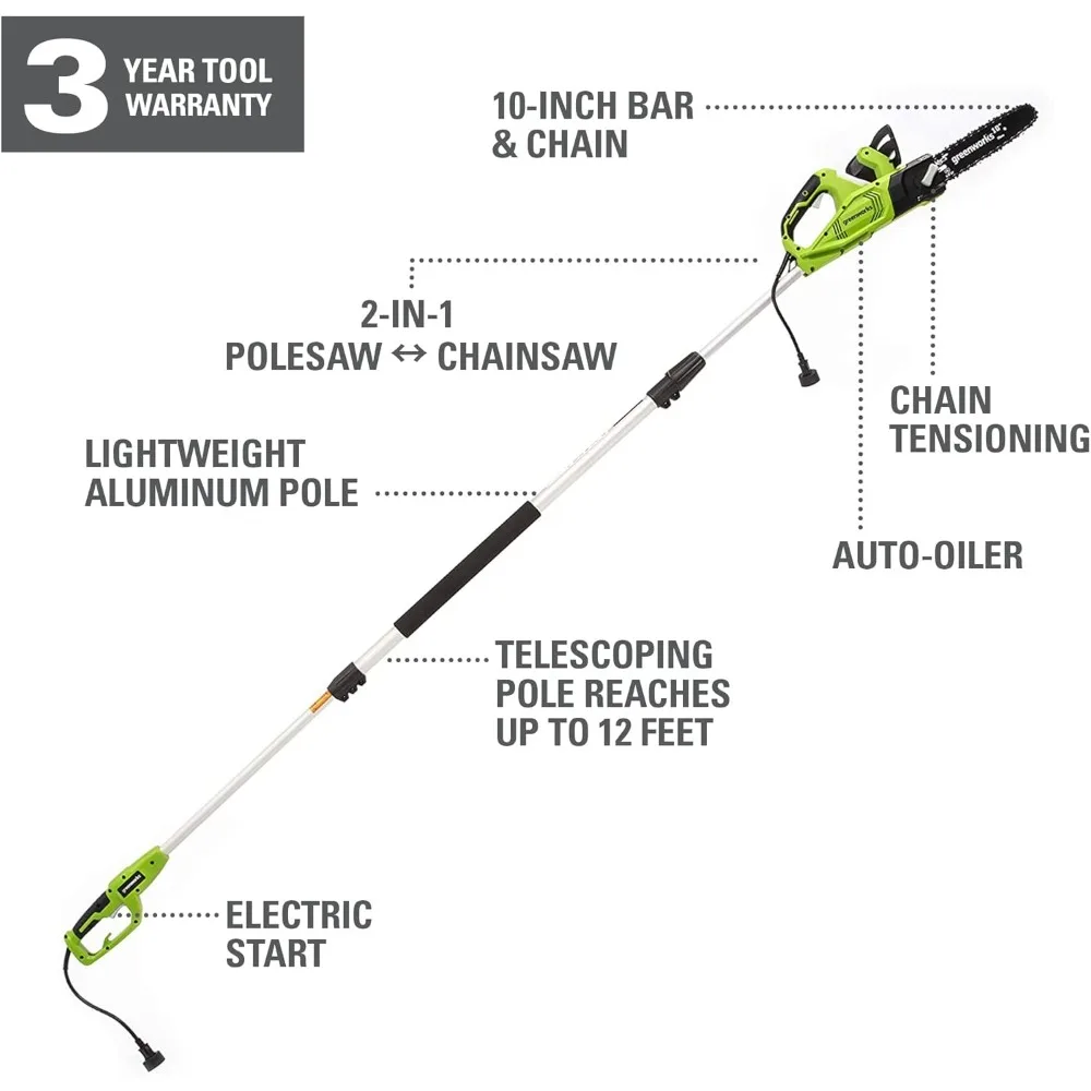 Sierra de poste eléctrica de doble propósito y 7 amperios de 10 pulgadas