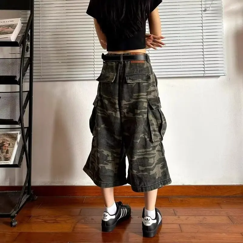 American style denim vintage curved knife style distressed cropped pants camouflage work pants unisex loose straight leg wide le