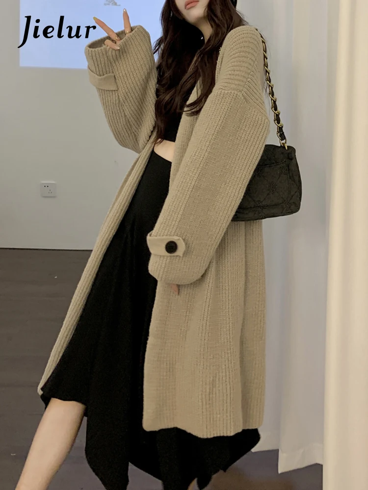 

Jielur V Neck Female Cardigan Solid Color Long Sleeve Outerwear Chic Khaki Loose Casual Sweater Women Autumn Jacket Korean