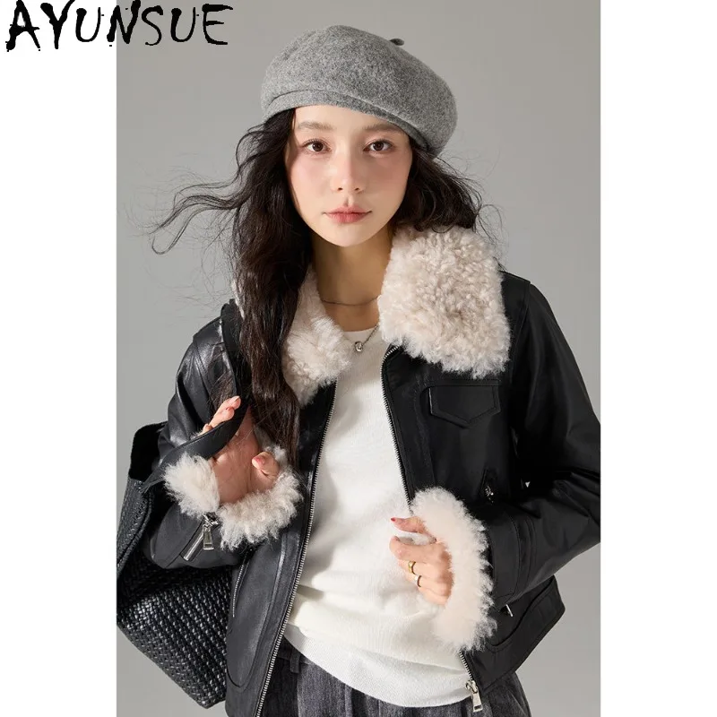 AYUNSUE Vegetable-tanned Sheepskin Down Jackets for Woman 2026 Fashion Winter Clothes Short Black Jacket Woman Clothes Куртка
