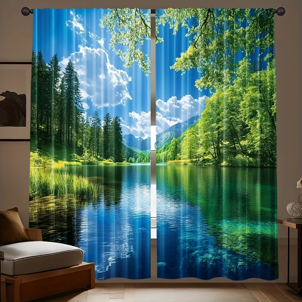 2D Flat,2pcs Forest Lake Curtains Mountain Reflection Blue Sky Print Drape Living Room Window Treatment Nature Scenery HomeDecor