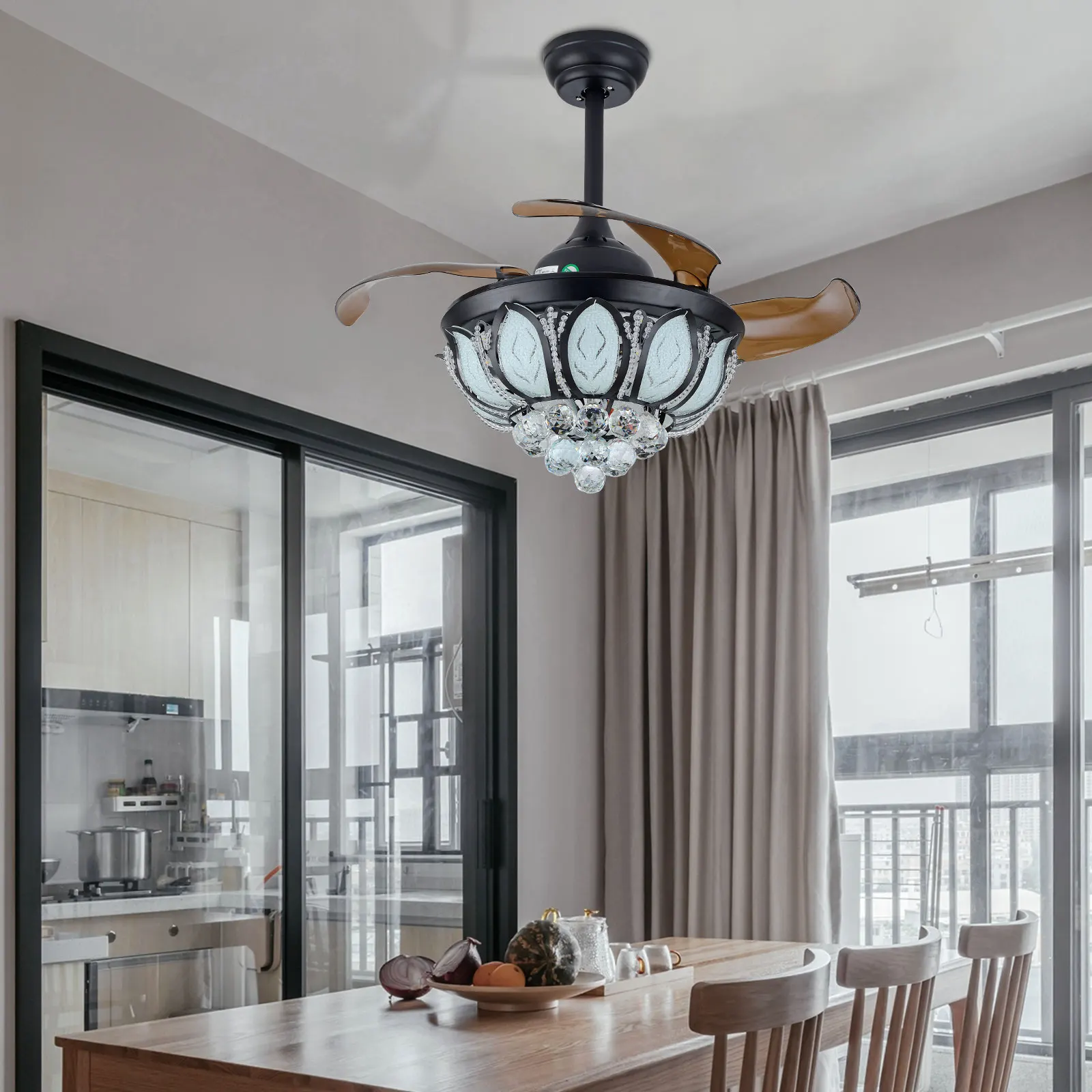 42" 56W Retractable Invisible Ceiling Fan Crystal Light Modern LED Chandelier Remote  LED