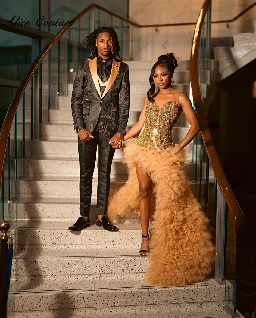 

Sparkly Golden Diamonds Prom Dresses Crystal Beading Tiered Ruffle Formal Party Dress Wedding Reception Gown Customized