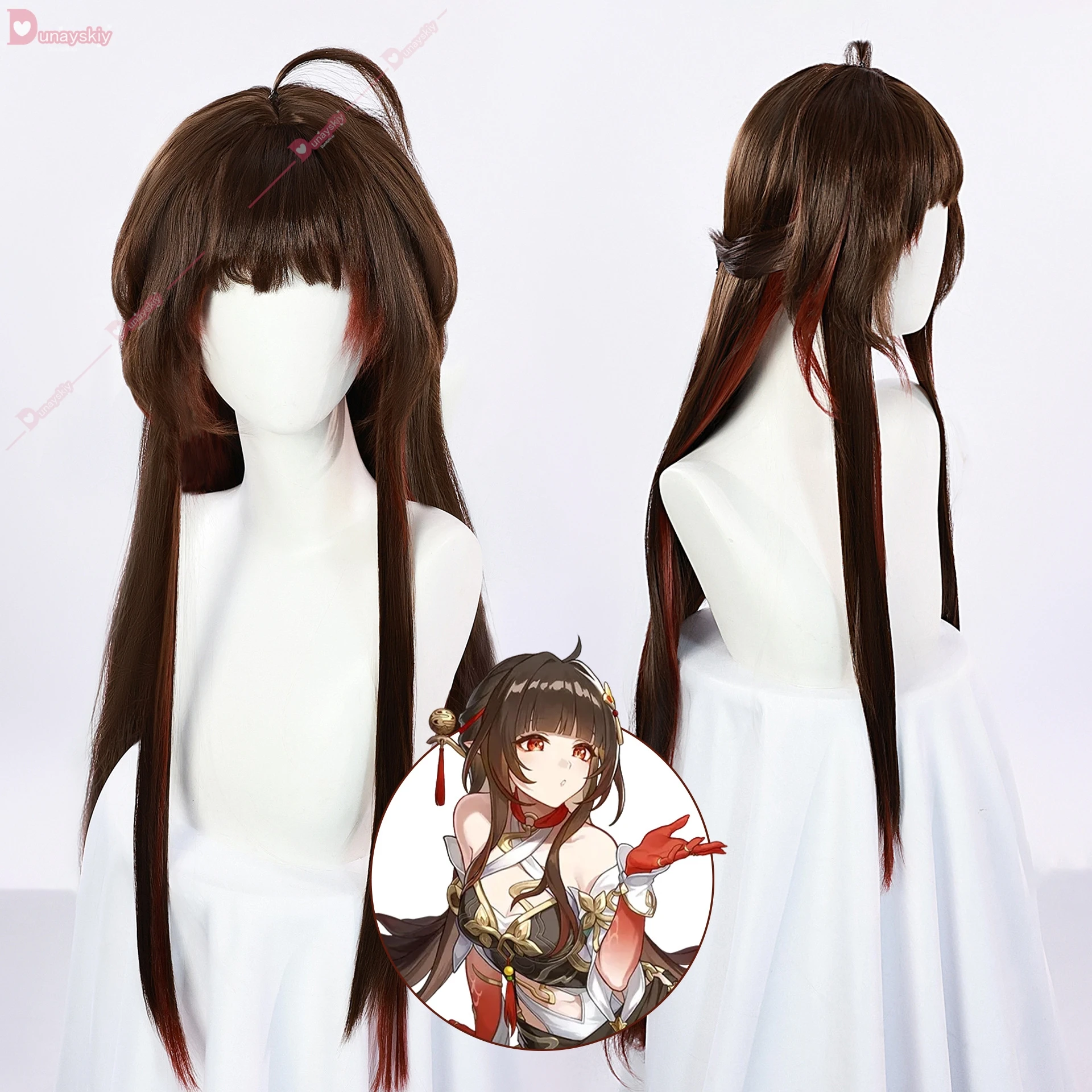 Honkai Star Rail Lingsha Dan Zhu peruka do cosplay kok czerwone brązowe długie włosy Xianzhou Zhuming wstążki włókno termoodporne włosy