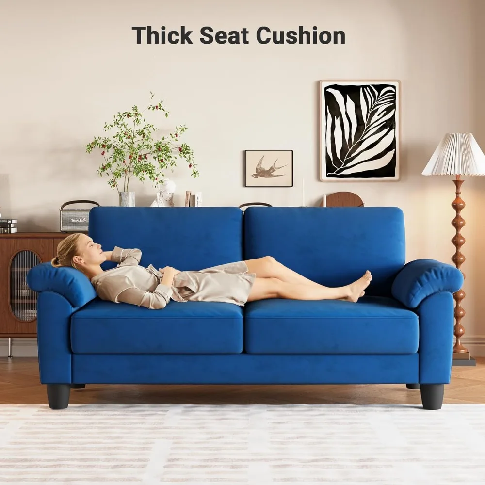 Sofá de salón de 70 pulgadas, sofás profundos de terciopelo para espacios pequeños, sofá de dos plazas moderno de mediados de siglo con bolsa de almacenamiento, dormitorio